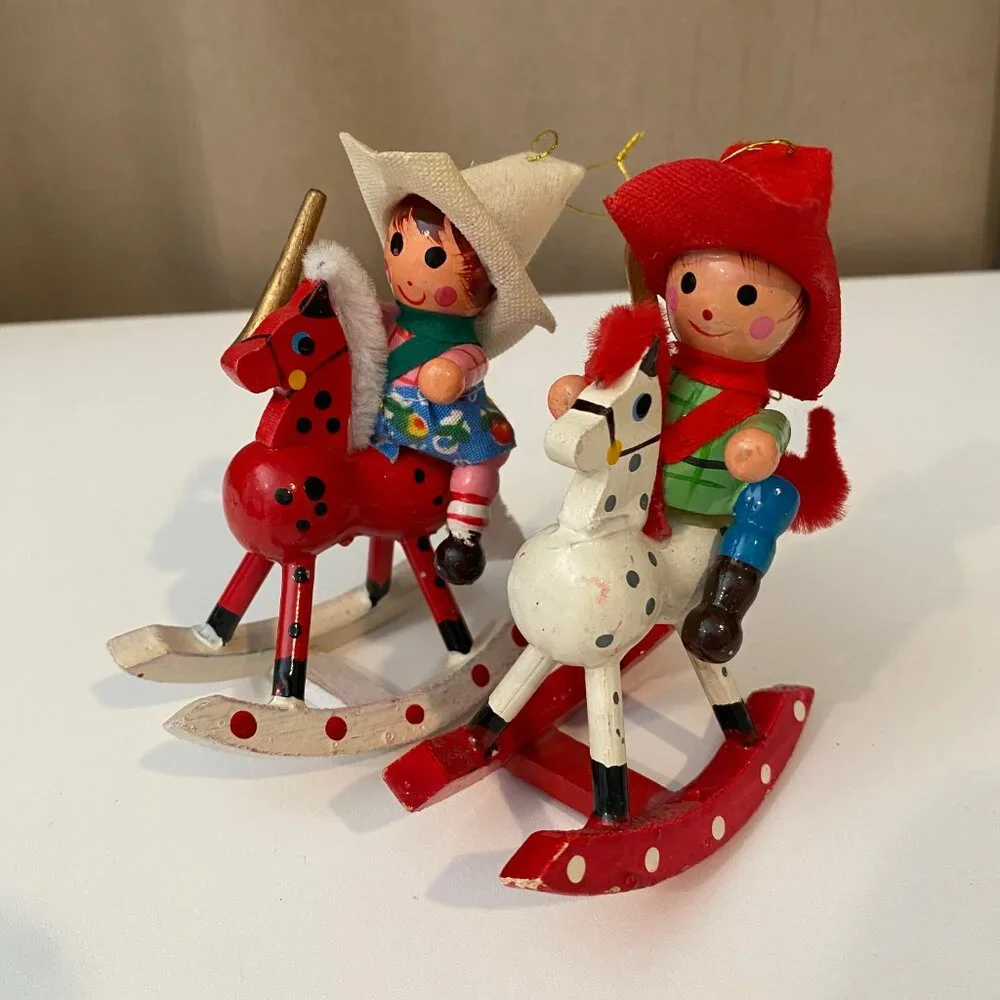 Vintage Folk Art Cowboy & Cowgirl Rocking Horse Ornaments 4